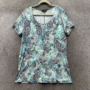 Slinky Brand‎ Blouse Top Womens Large Blue Paisley Short Sleeve Scoop Neck
